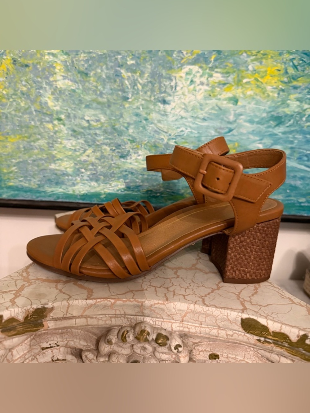 Vionic Cognac Woven Strap Block Heel Sandals